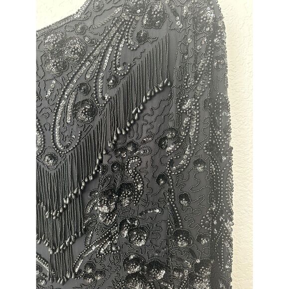 Oleg Cassini Vintage 70s/80s Silk Black Beaded Cocktail Dress 20s Style Flapper - Picture 3 of 13